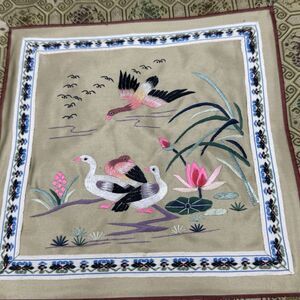 Vtg Chinese Silk Art Embroidered Square Green Frameable Panel Ducks on Lily Pond